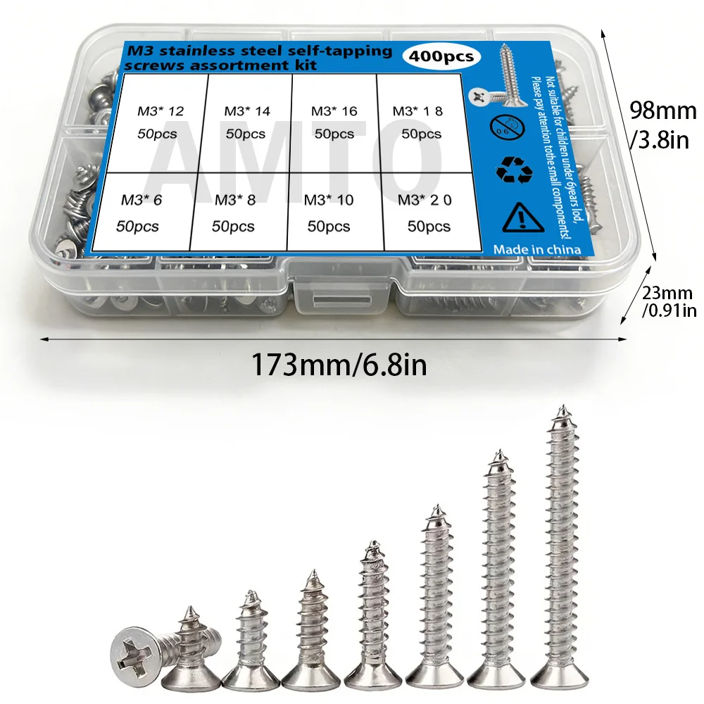 400-Piece M3 Stainless Steel Self-Tapping Screw Set, 6mm, 8mm, 10mm, 12mm, 14mm, 16mm, 18mm, 20mm