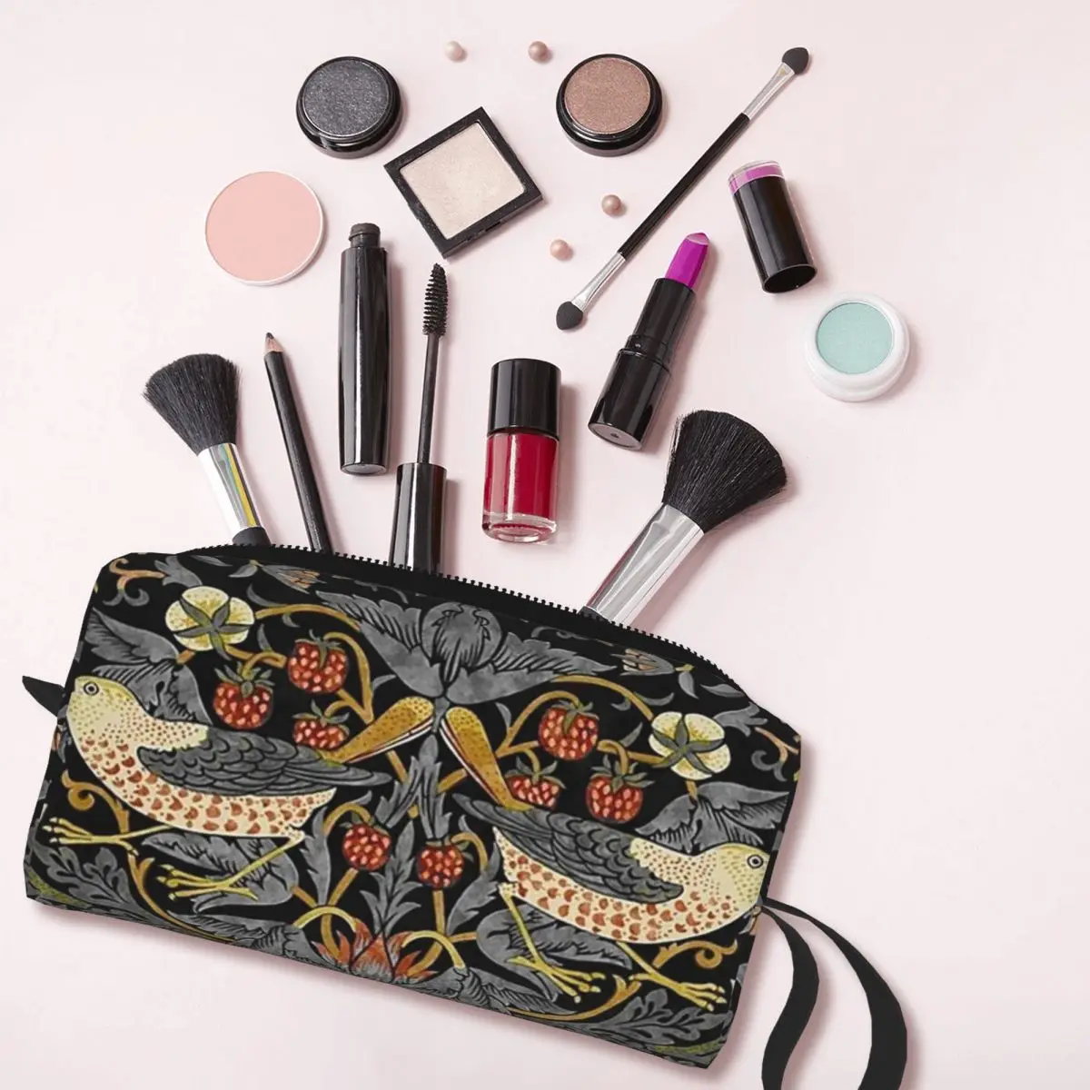 William Morris Strawberry Thief Makeup Bag Cosmetic Organizer Storage Dopp Kit for Women Beauty Travel Pencil Case
