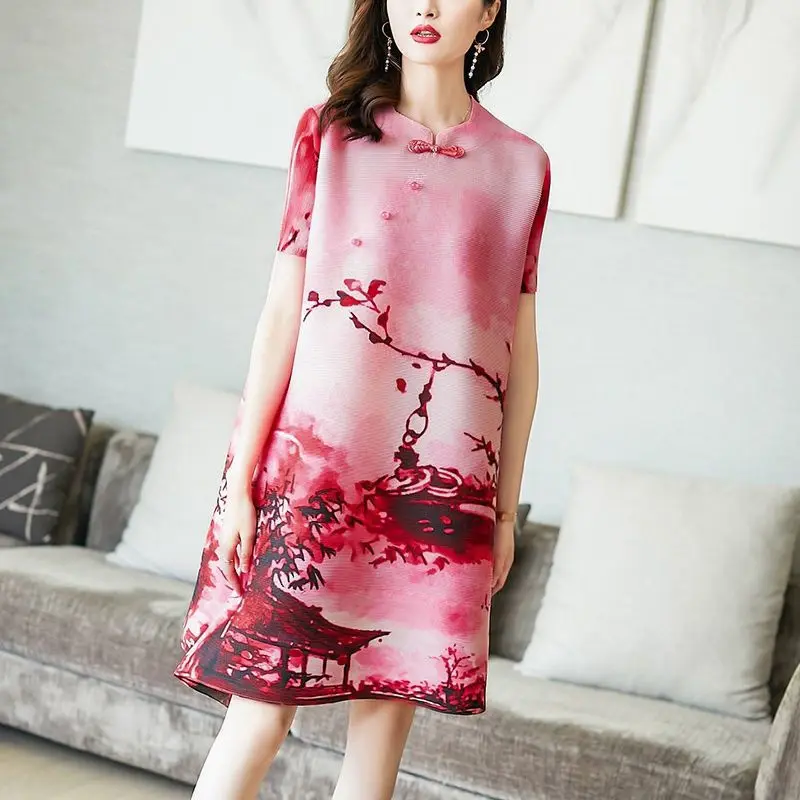 

Casual dress female 2023 summer new fashion China wind printed pleats high-end foreign high-yard mm cover belly thin dress