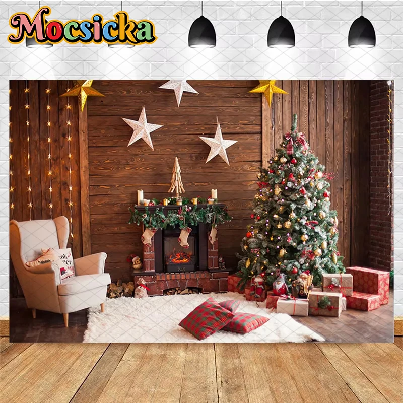 

Mocsicka Christmas Photography Background Room Xmas Tree Fireplace Wood Wall Gifts Decoration Family Kid Portrait Photo Backdrop