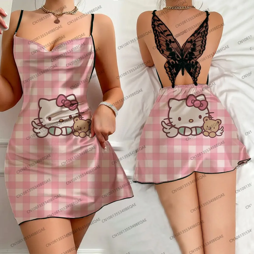 

Trendy Hello Kitty Print Lace Suspender Nightwear Women's Summer Backless Short Skirt Crew Neck Sleeveless Ladies Sleep Dress