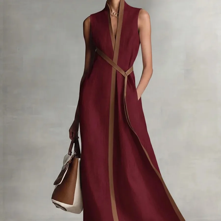 

Color Block Linen Dress Women Spring Summer Stand Collar Dresses Sleeveless Cotton Maxi Outfit Clothes