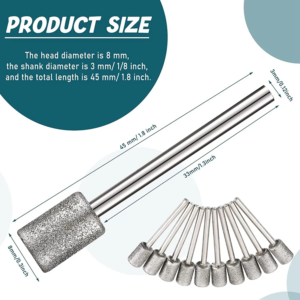 10 Pieces Diamond Bit Diamond Grinding Bits Head 1/8 Shank 8mm Cylinder Head Diamond for Most Rotary Tool Bit Grinder