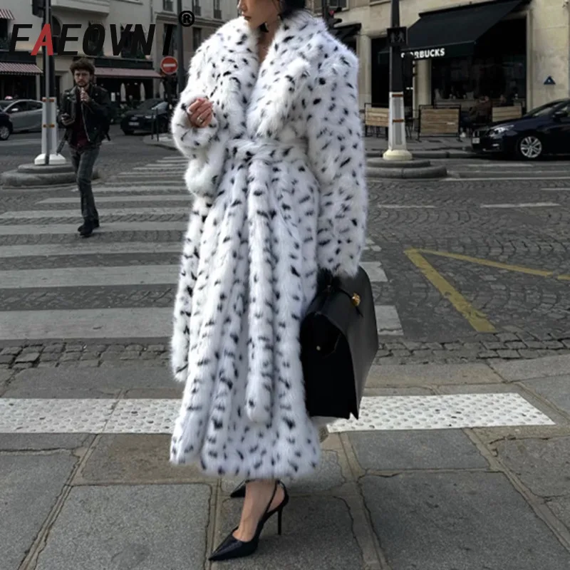 

EAEOVNI Winter Fashion Fur Long Coat Women Leopard Dot Design Belt Gathered Waist Temperament Jacket Outerwear Clothing