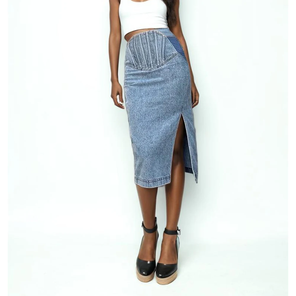 

Asymmetrical Denim Skirt For Women Gathered Waist Patchwork Split Bodycon Midi Skirts Female Clothing 2024 Summer Style