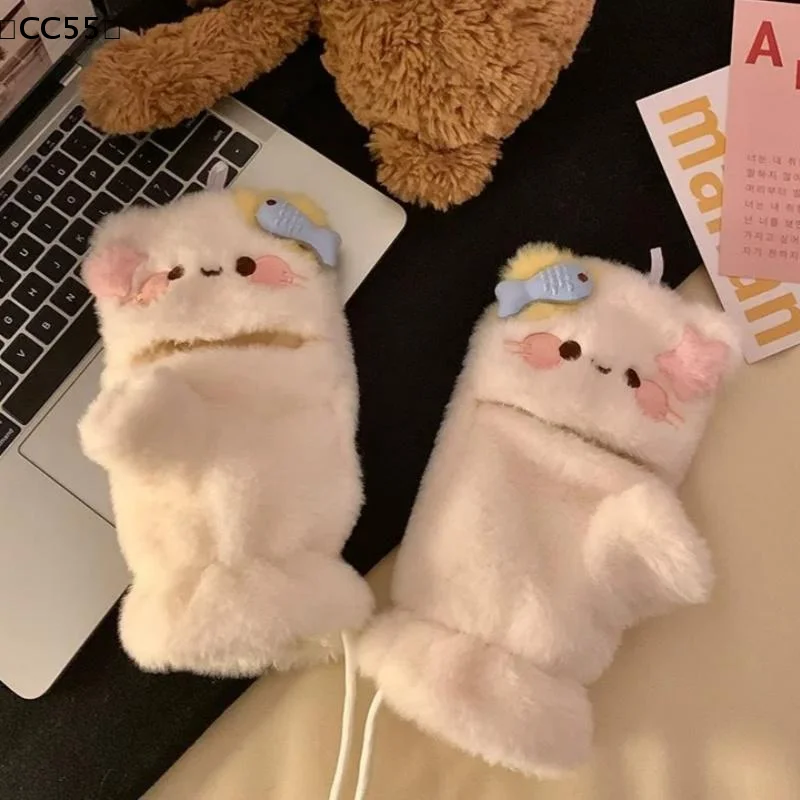 ถุงมือการ์ตูนแมวน่ารักแบบพลิกได้ ถุงมือกันหนาวสำหรับนักเรียน ถุงมือหน้าหนาวสำหรับกิจกรรมกลางแจ้ง ถุงมือแบบนุ่มหนาครึ่งนิ้ว รองรับหน้าจอสัมผัส