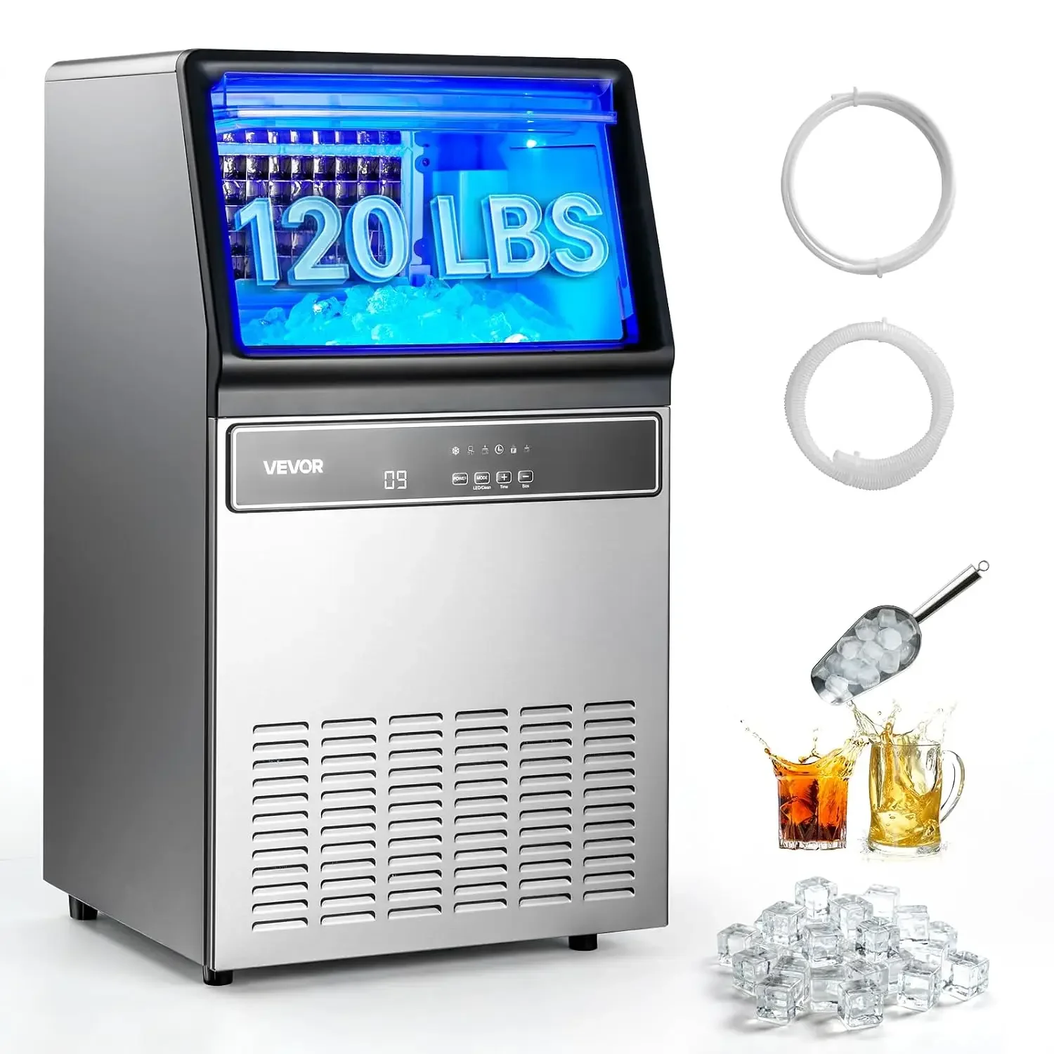 Commercial Ice Maker Machine, 120 lbs/24H Ice Production, 33 lbs Storage Bin, 45 Cubes per Cycle, Stainless Steel Under Counter