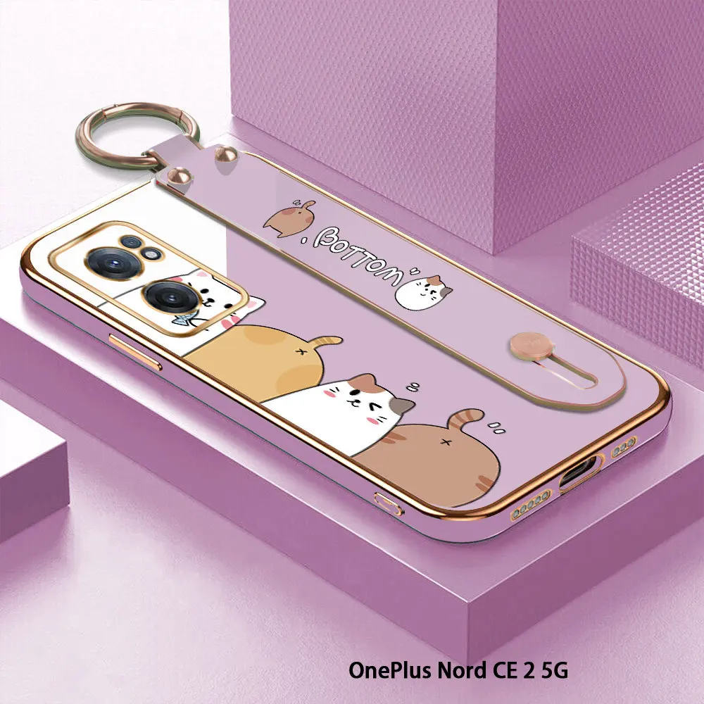 

(With Wristband) For OnePlus Nord CE 2 5G Cartoon Cat Back Cover Case Luxury Plating TPU Phone Cases For OnePlus Nord 3 2