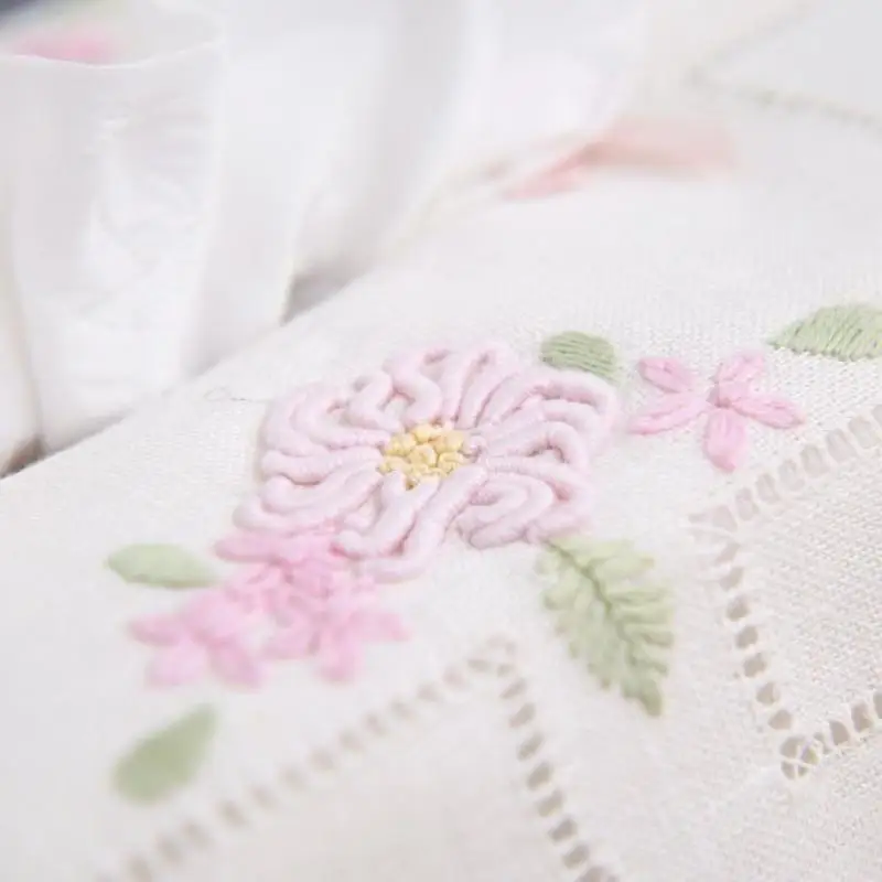 Fabric Tissue Box Cover, Pure Linen, Embroidered and Hemistitched by Hand, Flower, Floral, Beautiful Lace