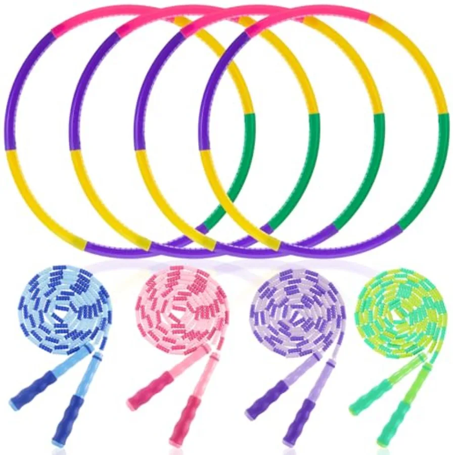 

8 Pcs Toy Hoop and Jump Rope Set for Include 4 Skipping Rope and 4 Detachable Weight Size Hoop Gymnastic Fitness Exercise Gift