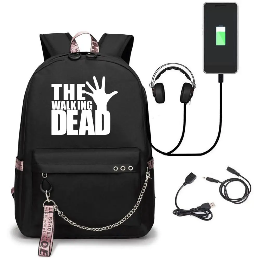 

Anime The Walking Dead USB Port Backpack School Bags Travel Book Boys Girls Bags Laptop Headphone USB Port