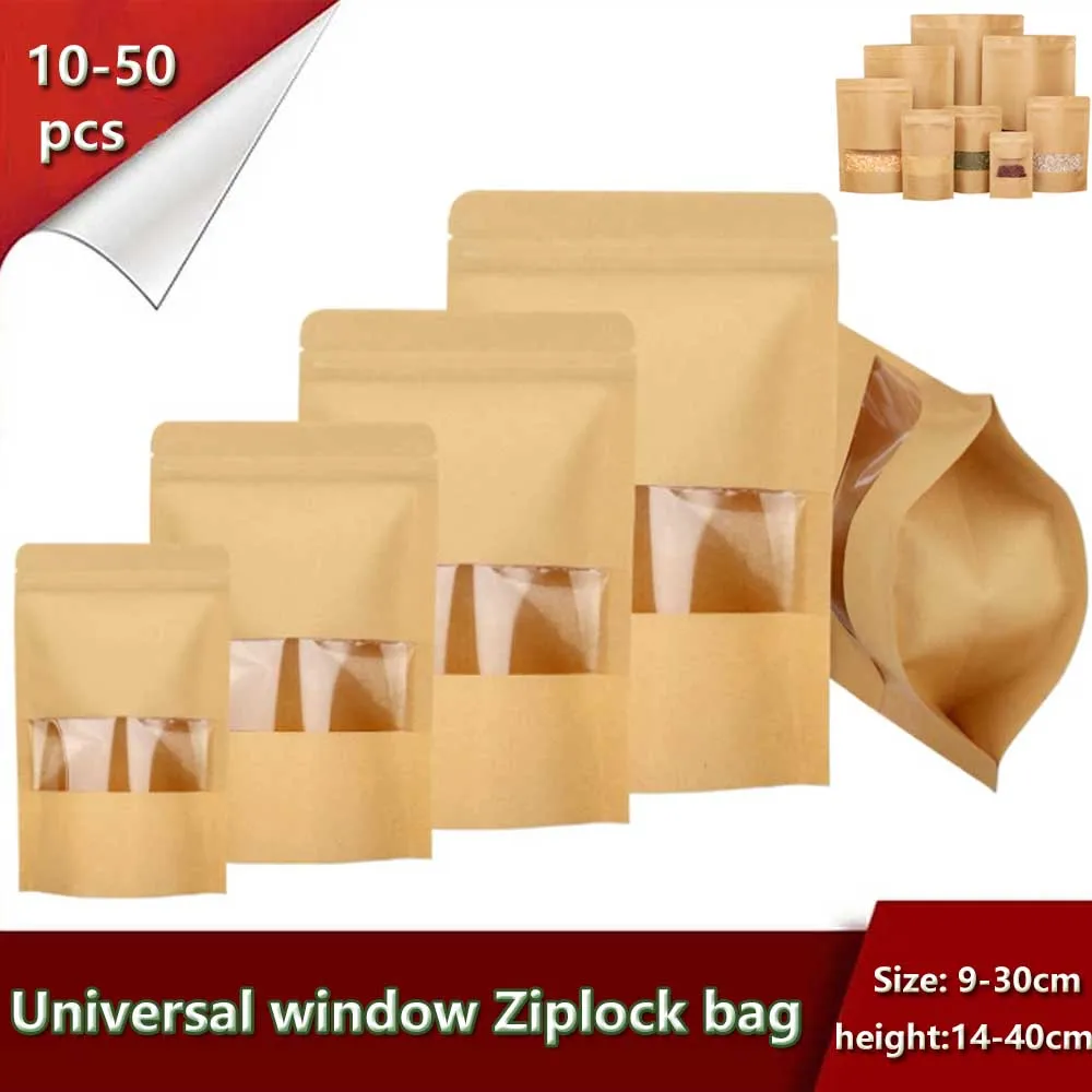 10-50pcs Upright Seal Bone Zipper Kraft Paper Window Bags for Biscuits Nuts Snacks Tea Packaging Seal Self-Sealing Bags