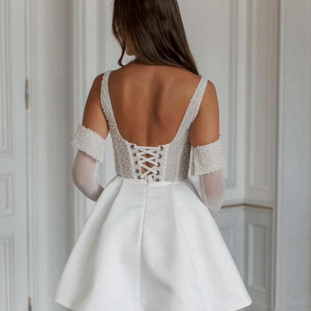 Amanda Customized White Spaghetti Strap Gloves Pearls robes de soirée Satin Backless Party Dresses Strapless A-line Prom Dress