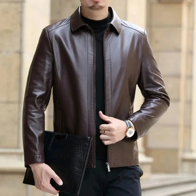 2023 New Cowhide Middle-Aged Men Stand Collar Business Casual Solid Color Large Size Thicken Leather Jacket