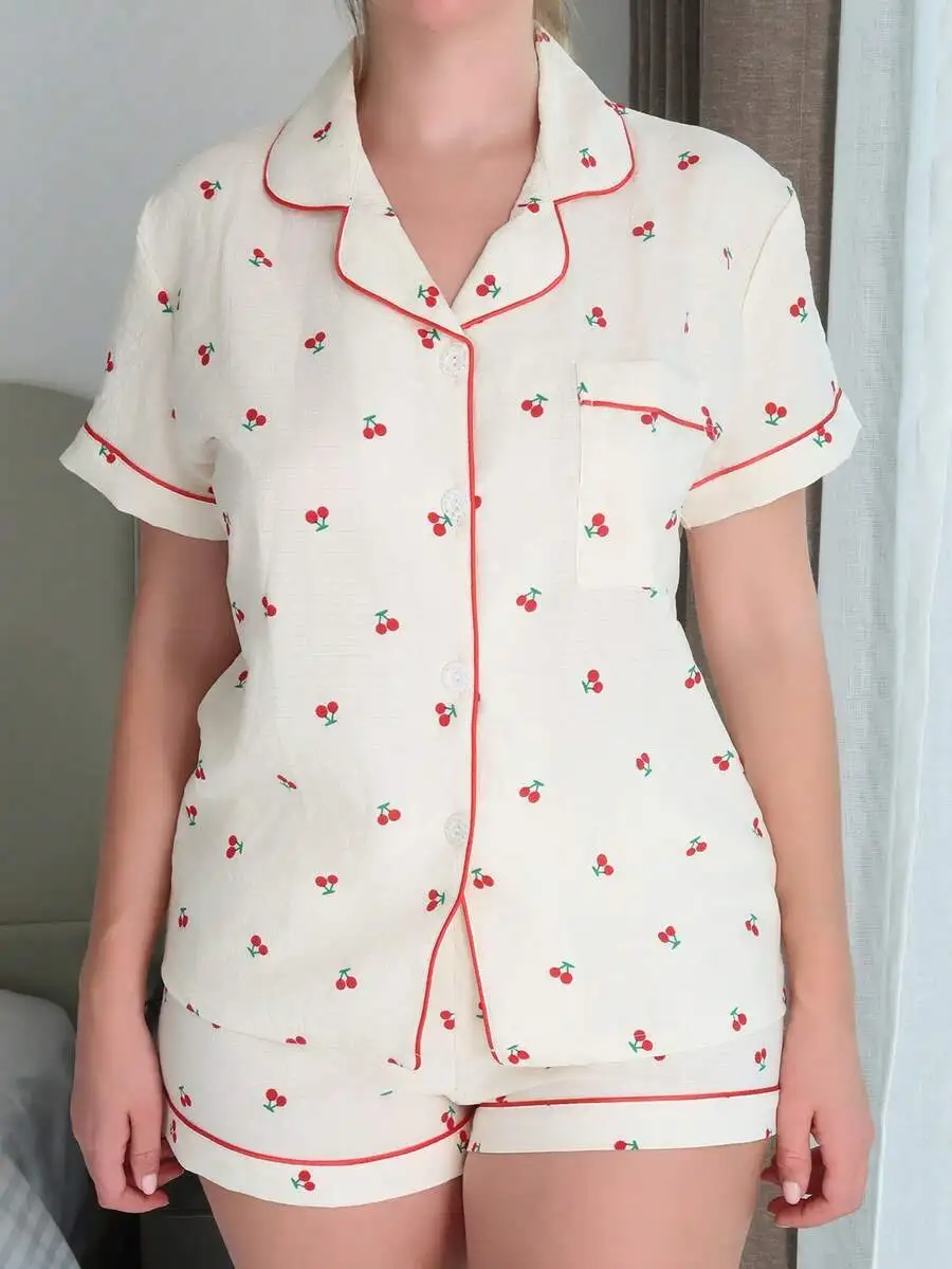 

Cherry Print Button Up Sleepwear Set With Lapel Top And Shorts For Women