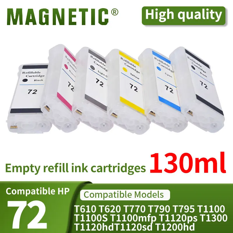 130ML For HP72 Refillable Ink Cartridge With Permanent Chip For HP Designjet T610 T620 T790 T1100 T1300 T2300 T1120 Printers