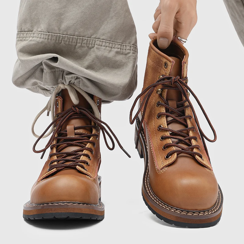 Men Motorcycle Vintage 2026 New  Men Work Boots Thick Block Heel Non-slip Lace Up  Retro Stitching Combat Boots Ankle Men