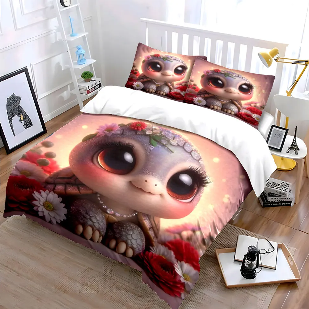 Adorable turtle with floral decor Bedding Set for Kids Luxury Gift 3pcs Digital Print Comforter Set Soft Comfortable Breathable