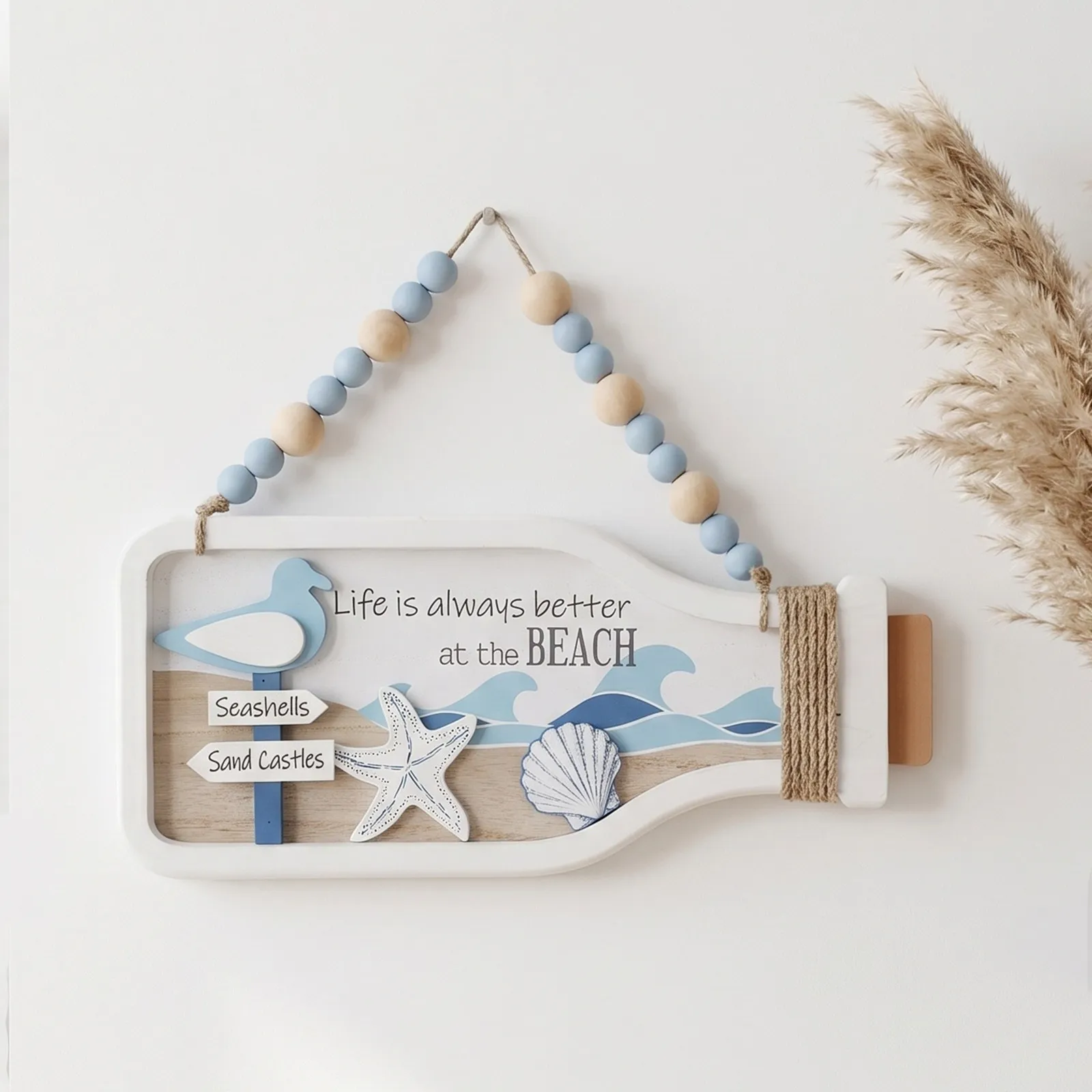 Nautical Rope Wall Decor Mediterranean Style Wooden Bottle Shape Coastal Wall Plaque Rustic Seagull Ocean Beach Wooden Ornaments