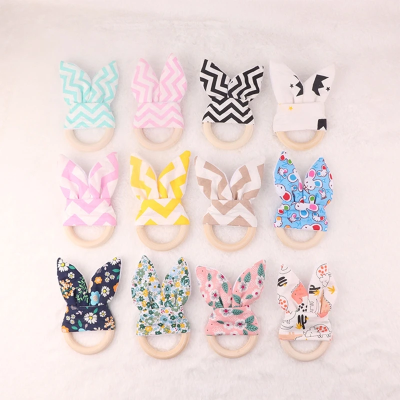 1pc Plush Rabbit Ears Baby Teether BPA Free Wooden Ring Newborn Rodent Molar Teeting Toy Baby Handhold Play Gym Sensory Rattle