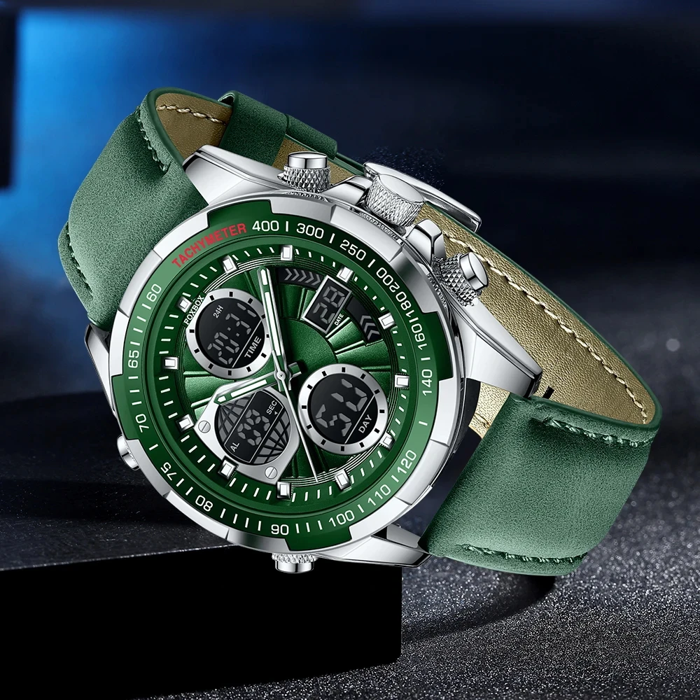 أزياء رجالي ساعات فاخرة حزام من الجلد الأعمال كوارتز ساعة اليد الرياضة في الهواء الطلق للماء رجل ووتش LED عرض مزدوج على مدار الساعة