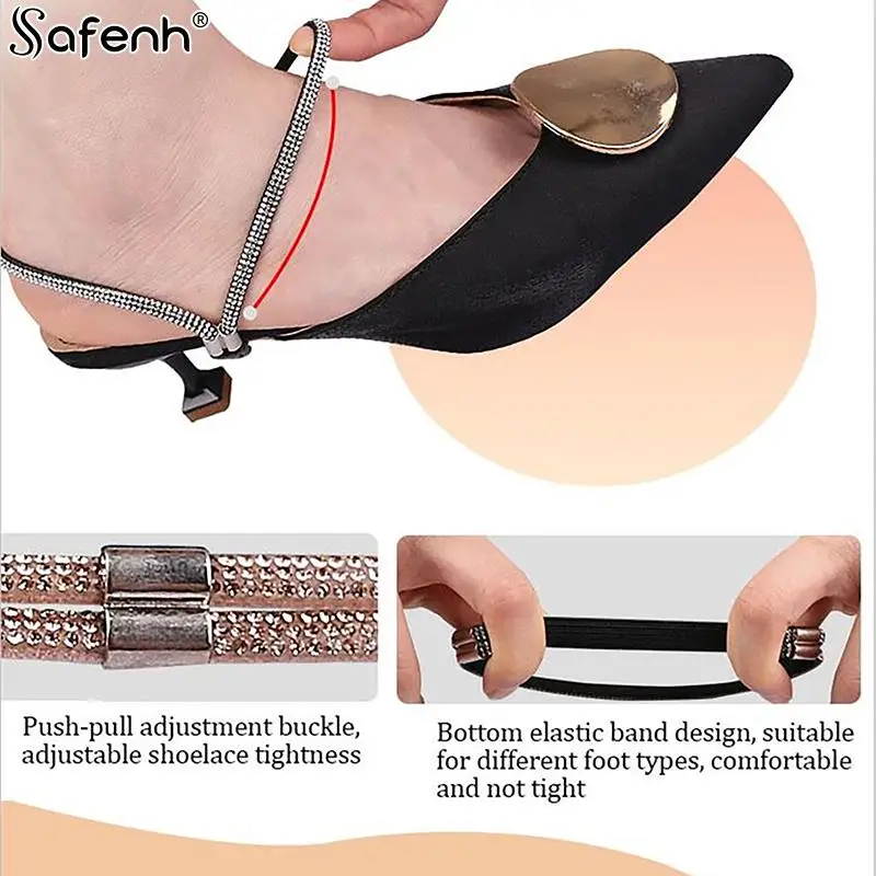 1 Pair Women Rhinestone Anti-loose High Heels Elastic Shoe Strap Belt Adjustable with Diamond No Tie Lazy Shoelace Buckle Access