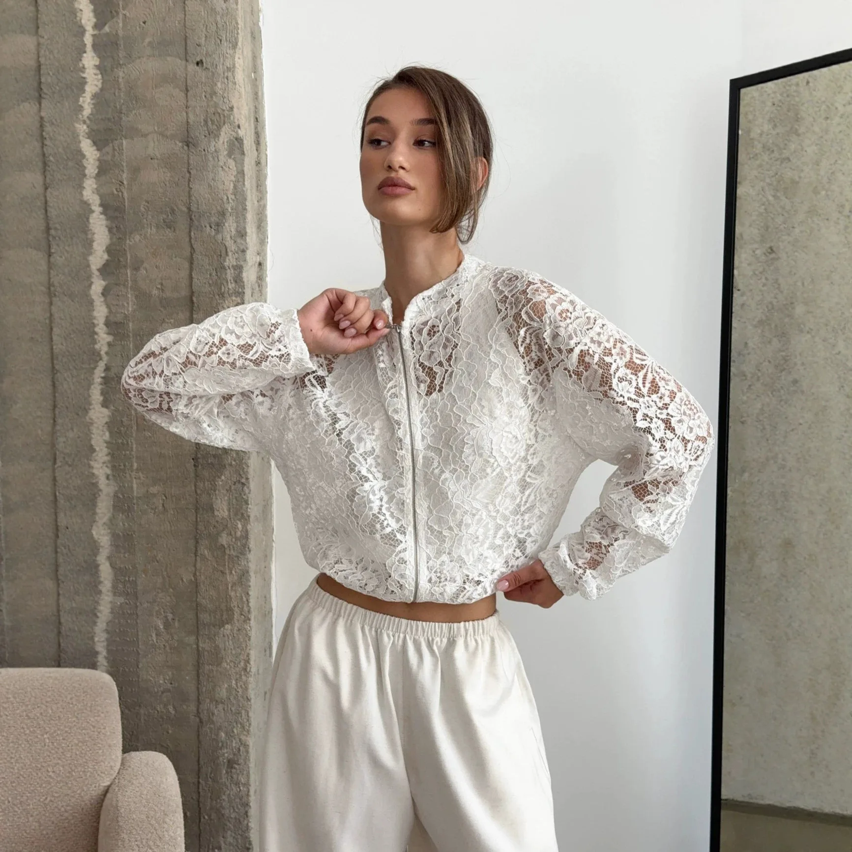 Fashion Lace Short Jacket Women 2026 Autumn Chic White See Through O Neck Zip Up Coats Streetwear Female Outwears