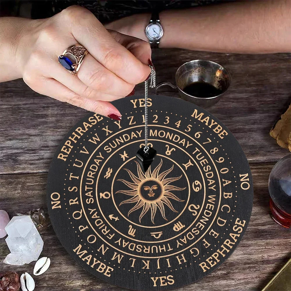 1PCS Black Wooden Pendulum Board Sun Horoscopes Symbols Magics Meditation Decision Plate Witchs Altar Supplies Home Accessories