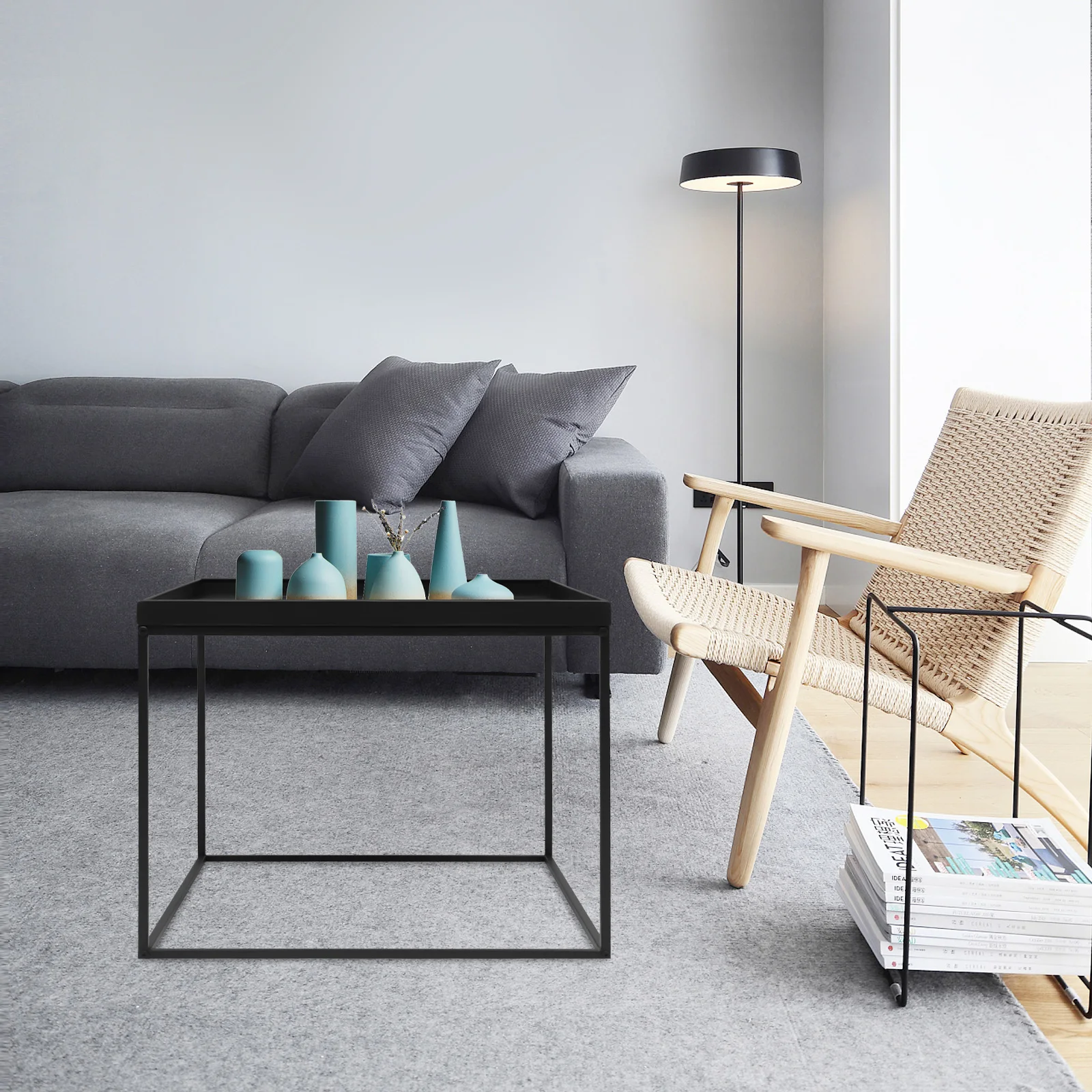 โต๊ะท้าย, โต๊ะข้างโลหะกันน้ําโซฟาขนาดเล็กโต๊ะข้างกาแฟห้องนอนในร่มกลางแจ้งพร้อมถาดถอดได้ (สีดํา)