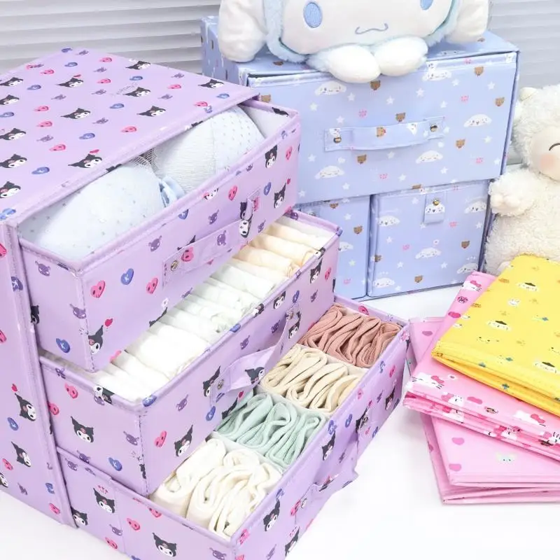 Kawaii Kuromi Cinnamoroll Foldable Storage Box Student High Capacity Clothing Storage Box Dust-Proof Underwear Sock Storage Box