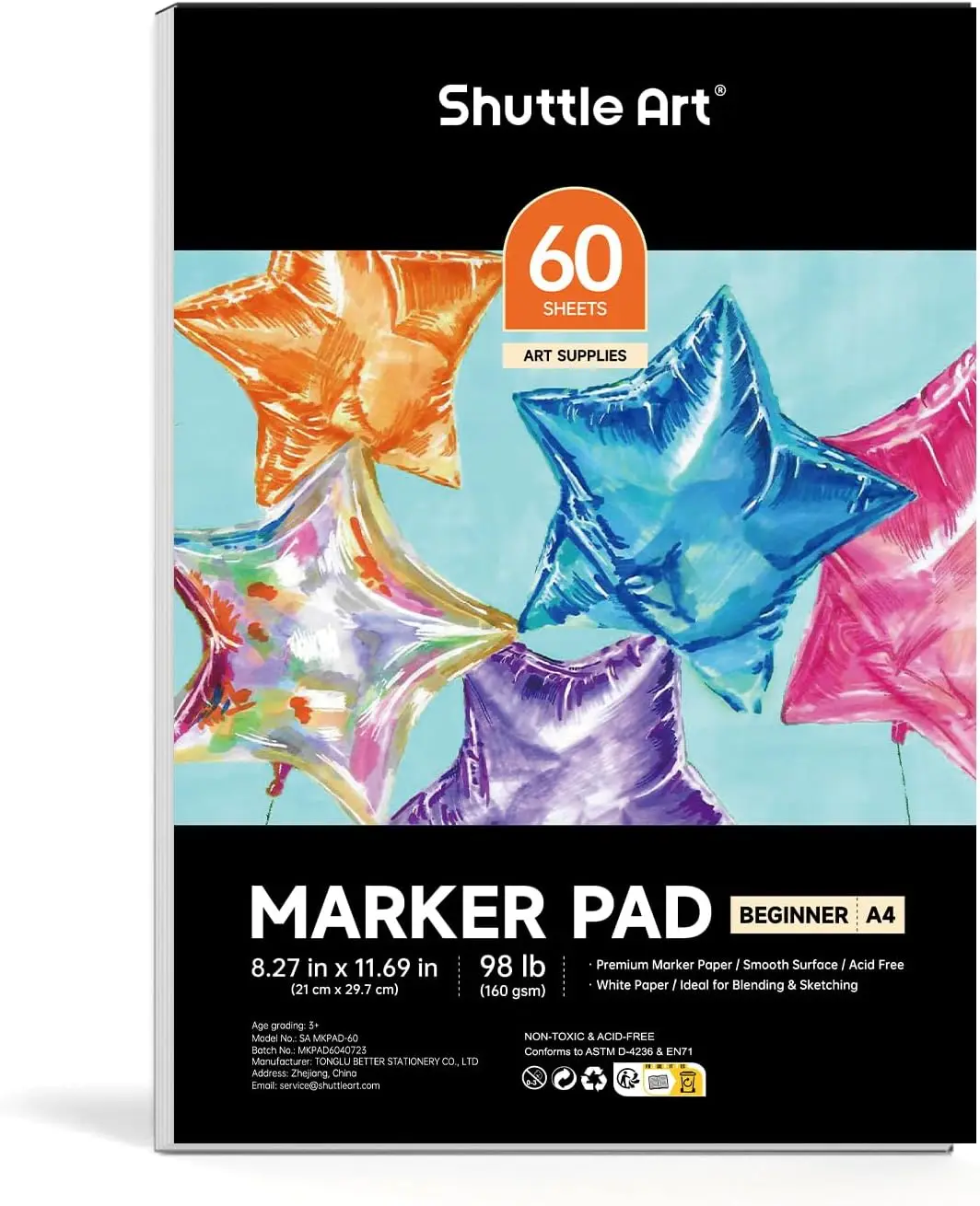 

Marker Pad 11.69x8.27 A4 Sketchbook, 60 Sheets 160GSM Bleedproof Drawing Paper, Glue-Bound Portable for Beginners