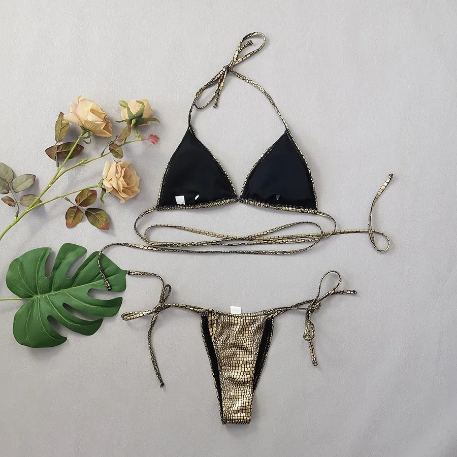مثير بريق الذهب الترتر الرسن التعادل سلسلة البيكينيات مجموعات قطعتين ثونغ ضمادة ملابس السباحة المايوه ملابس السباحة biquini Tankini