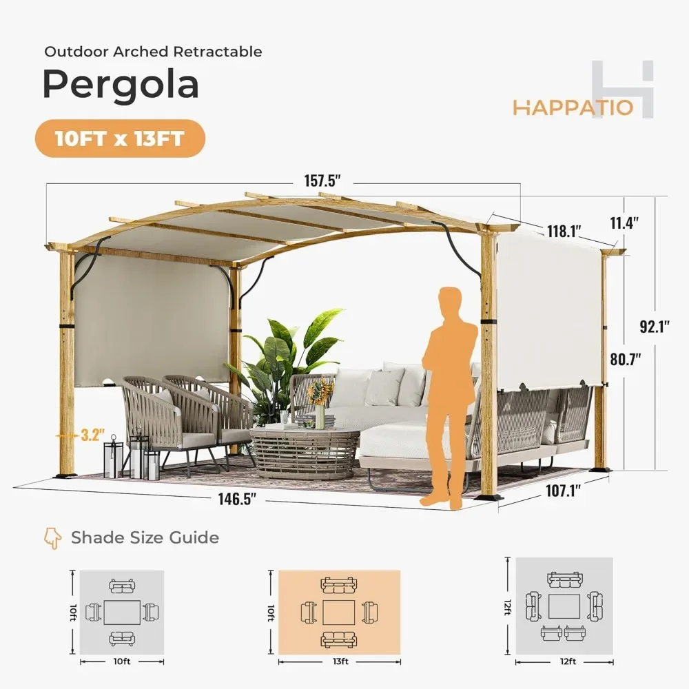 10' x13' Outdoor Retractable Pergola, Patio Pergola Sun Shade Canopy, Grain Aluminum Pergola Canopy Fixed in Various Positions