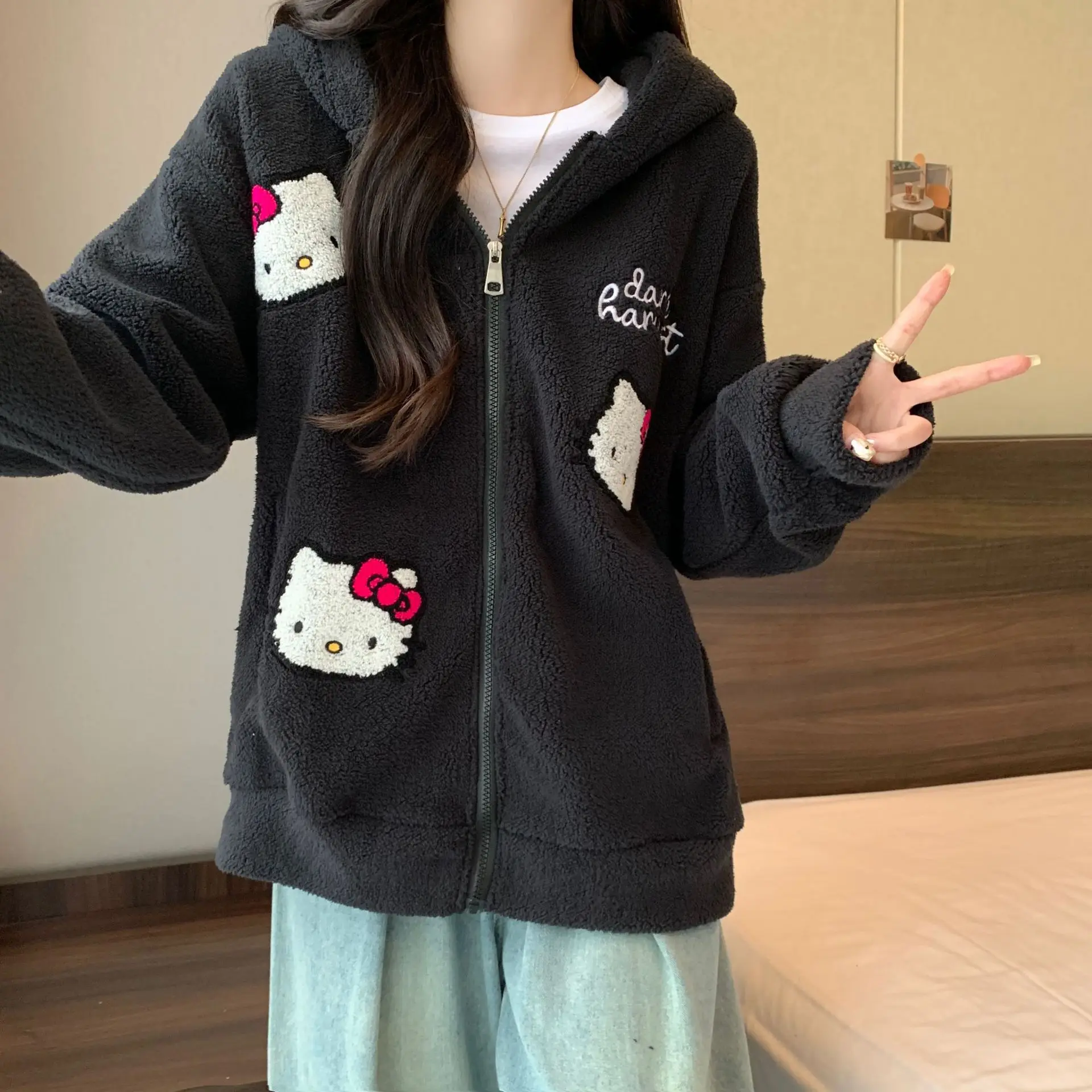 Sanrio Hello Kitty Lamb Wool Zip Up Coat Sweater for Women Winter Cute Thickened Japanese Harajuku Hoodie Y 2K Girls Sweatshirt