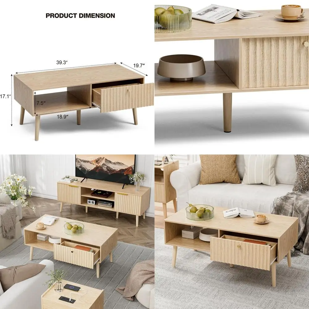 

Storage Coffee Table, Fluted Drawer Bohemian Dining Table, Solid Wood Legs, Compact Oak Living Room Tables