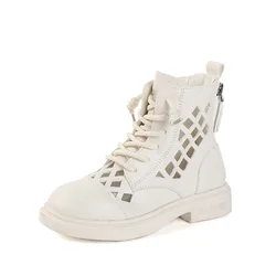 2022 New Summer Children Shoes PU Leather Waterproof Martin Boots Kids Sandals Mesh Hollow Girls Boots Fashion Girls Sneakers