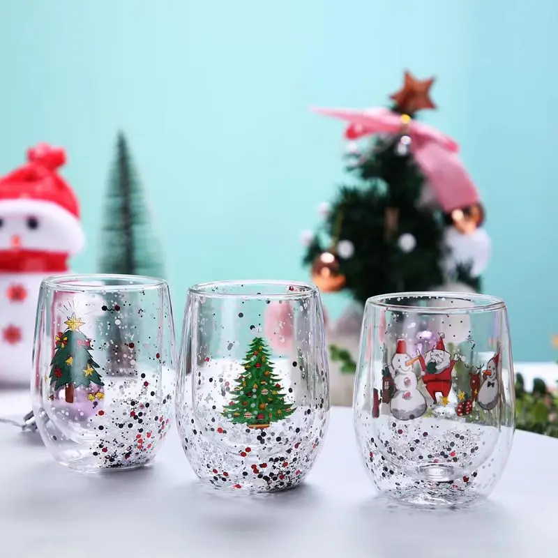 New Christmas Cup Heat Resistant Double Glass Flowing Sequin Christmas Cup Cute Cartoon Snowflake Christmas Tree Milk