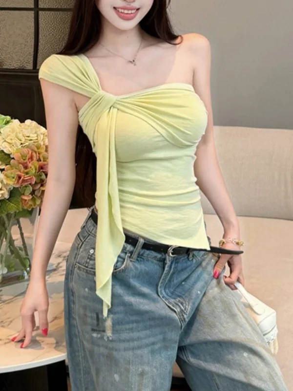 Korean Style Irregular Single Shoulder Long Sash Twist Knot Top Women's Thin Strapless T-Shirt Trendy Breathable Summer Top
