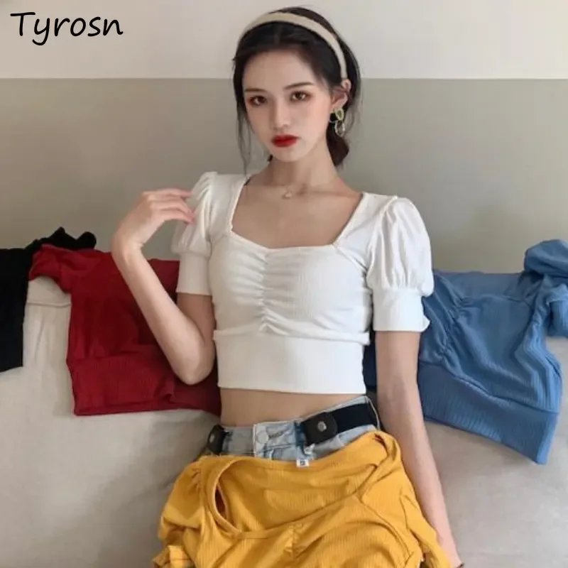 T-shirts Women 5 Colors Design Square Collar Solid Simple All-match Leisure Puff Sleeve Summer Korean Style Temper Classic Cozy