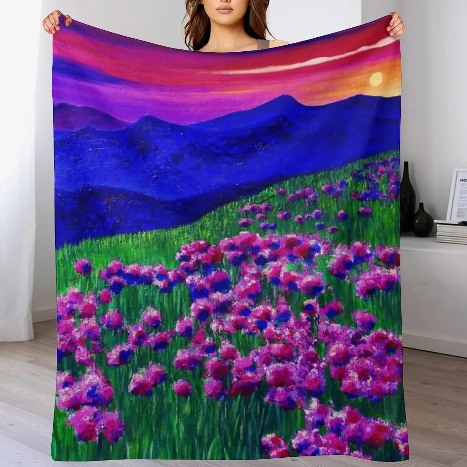 Rainbow Sunset Soaked Mountain Landscape Throw Blanket Faux Fur Soft Warm Blanket for Bed