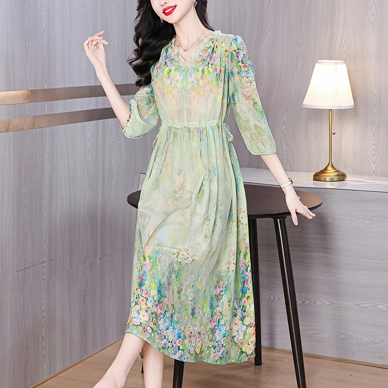Sommerliches Blumen-Seidenkleid Elegantes Bodycon Midikleid Damen Mode Leichtes Bürokleid 2026 Koreanisches Vintage Casual Party Abendkleid