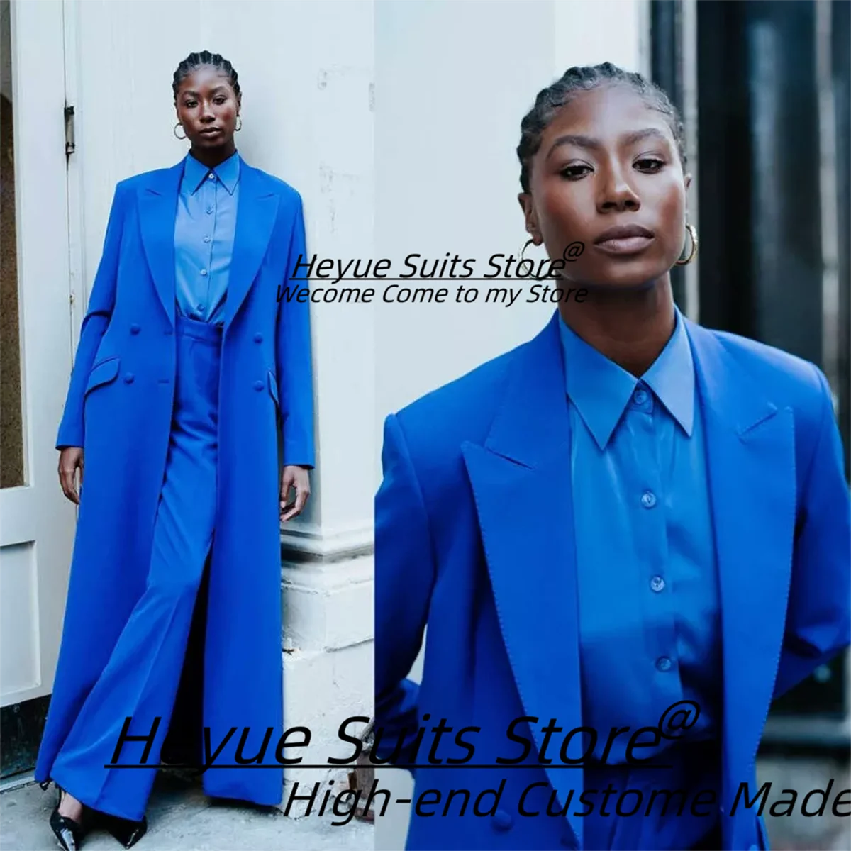 

Customized Royal Blue Women Long Suit Slim Fit Peak Lapel 2 Pieces Sets Formal Wedding Long Coat Mother Of Bride Брючные костюмы