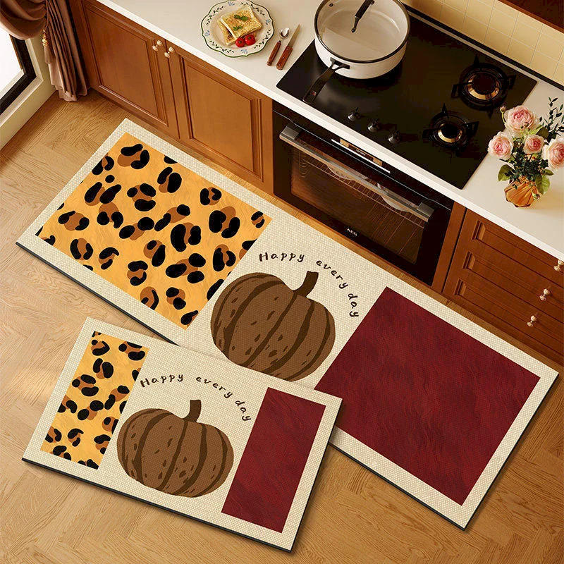 VIKAMA Autumn Pumpkin Kitchen Carpet Anti slip Water absorbing Floor Mat Leopard Pattern Patchwork Carpet Indoor Home Decoration