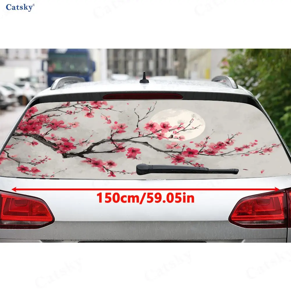 Plum Blossom Under Moon PVC Perforated Car Vinyl Wraps, Durable Car Rear Windshield Sticker, Waterproof Car Rear Window Decal