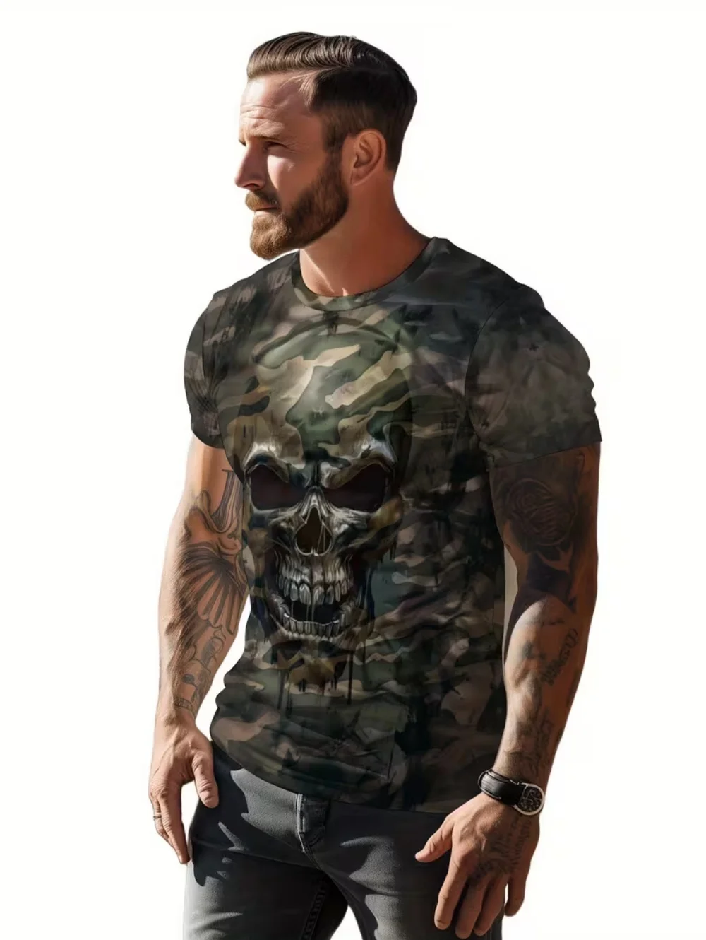 Männliche T-Shirts Retro Skelett Muster Kleidung für Mann Neue Designs Mode Punk T-Shirt Harajuku Kurzarm Coole Straße Y2k Tops – Detail 5