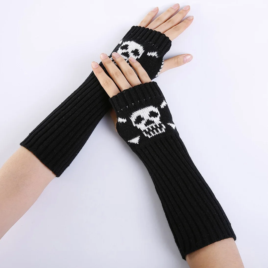 Guantes térmicos con diseño de calavera para hombre y mujer, calentadores de muñeca tejidos con medio dedo, manga abombada, moda, otoño e invierno