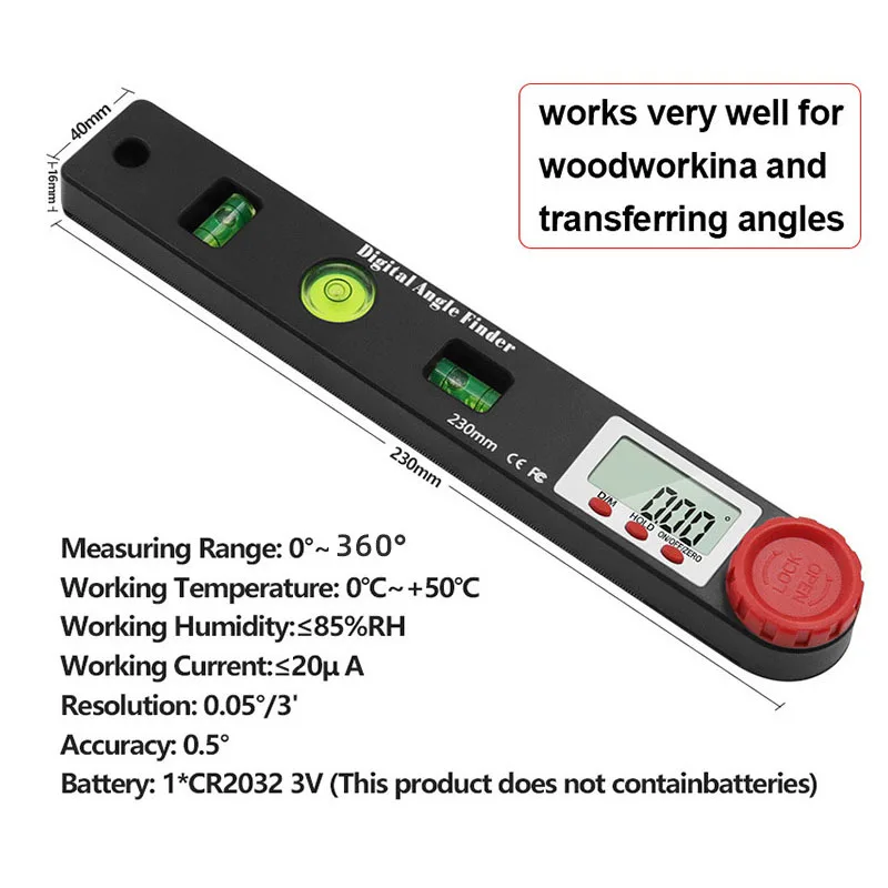 4 In 1 Digital Angle Ruler Protractor 3 Bubble Level Guage LCD Display Angle Finder Woodworking Measuring Tool 0-195mm/0-7inch