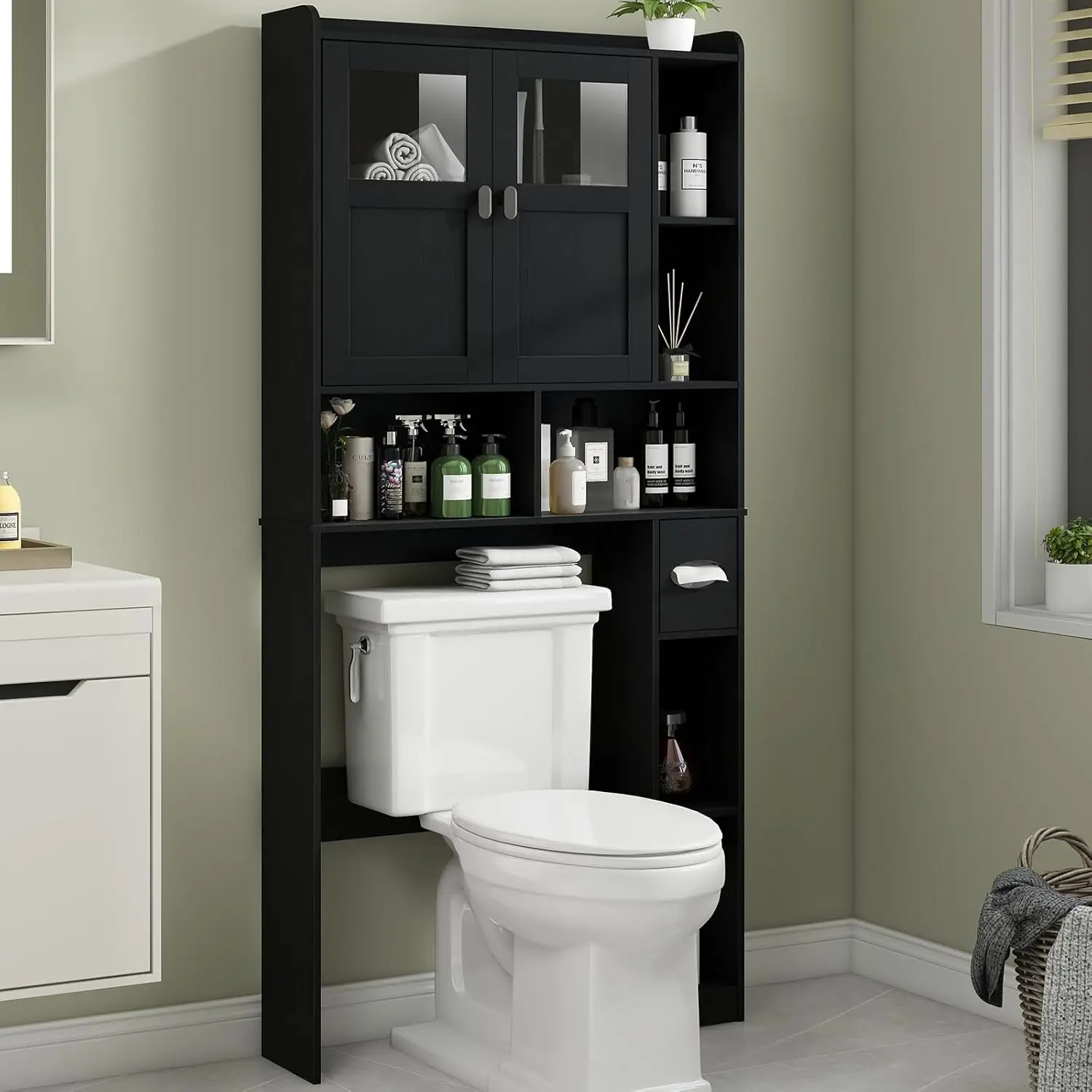 

Over The Toilet Storage Cabinet, Bathroom Shelf Over Toilet with Glass Doors and Adjustable Shelves, Black Freestanding Home