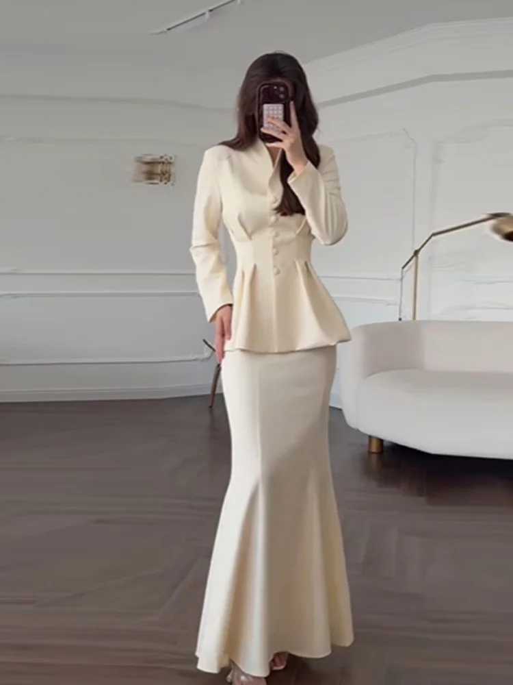 

Chic Slim Fit Skirts 2 Piece Set Women V-neck Long Sleeve Single Breasted Ruffle Tops Fishtail Skirts New Fashion Party Outfits
