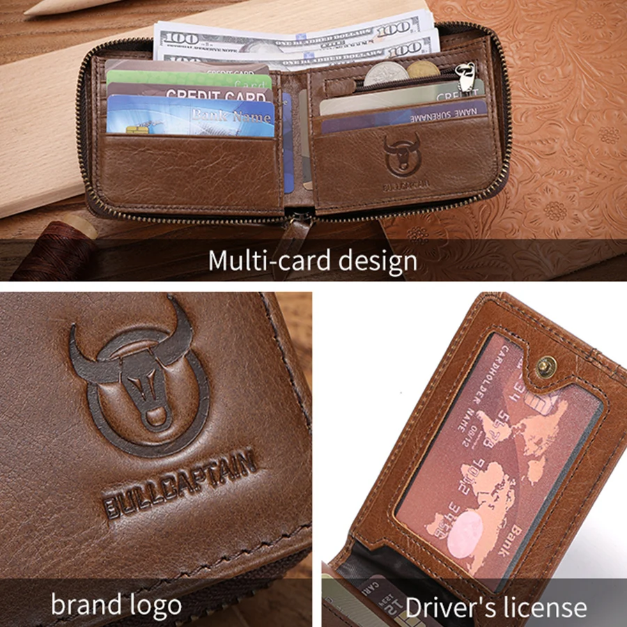 BULLCAPTAIN 정품 가죽 남성용 지퍼 지갑 RFID 차단 이중 지갑 ID 창 지퍼 동전 주머니가있는 신용 카드 홀더